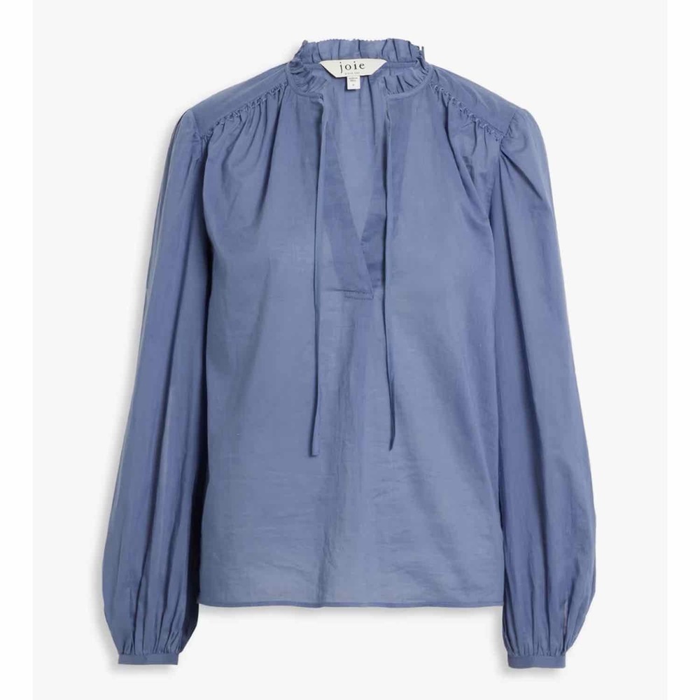 JOIE Jindrah Ruffle Trimmed Cotton Voile Long Sleeve Blouse Top Blue